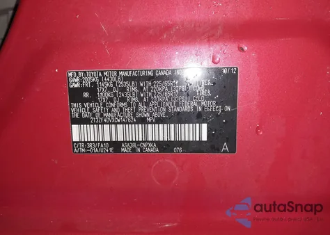 2012 Toyota Rav4 из США, поврежденный, VIN 2T3ZF4DVXCW147624